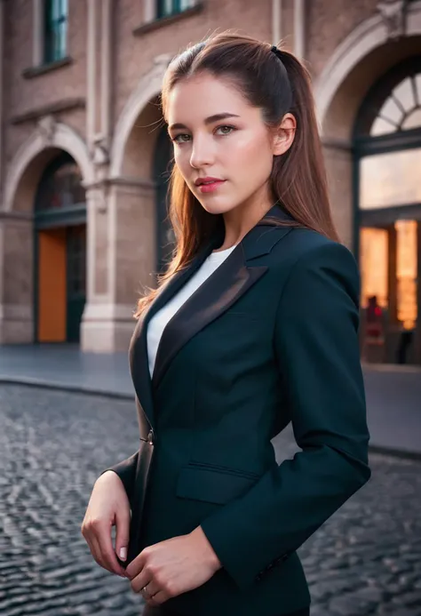 Realistic image: Woman smiling dark hair, blonde locks with navy blue blazer, navy blue shorts, necklace on neck