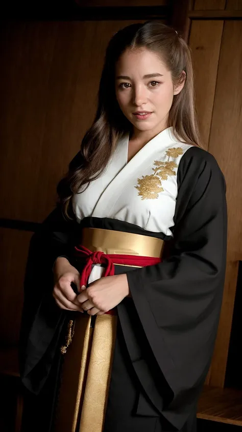 (TawneeStone),
In this scene, our lady dons a resplendent samurai ensemble, meticulously tailored to reflect the grandeur of the Kyoto era. (Her kimono, crafted from opulent silk brocade, showcases an intricate design of soaring phoenixes amidst a backdrop of vibrant cherry blossoms:1.1). The fabric shimmers under the soft light, emphasizing the artistry and craftsmanship involved in its creation. The sleeves of her kimono are adorned with delicate embroidery depicting swirling waves, symbolizing her resilience and adaptability. Her hakama, expertly pleated and tied with an obi belt featuring an elaborate knot, adds an air of sophistication and grace to her attire. Her armor, crafted with meticulous attention to detail, comprises a cuirass adorned with golden motifs, arm guards displaying intricate engravings, and greaves that protect her lower legs. Completing her formidable appearance is a kabuto helmet, its lacquered surface reflecting the surrounding light, and a majestic crest proclaiming her family's noble heritage. Her expression radiates tranquility and unwavering focus as she engages in deep meditation, fully embodying the essence of a samurai warrior from the Kyoto era.
(masterpiece:1.2) (photorealistic:1.2) (bokeh) (best quality) (intricate details) (8k) (high poly) (ray tracing) (cinematic lighting) (sharp focus) (detailed face) (detailed pupils)