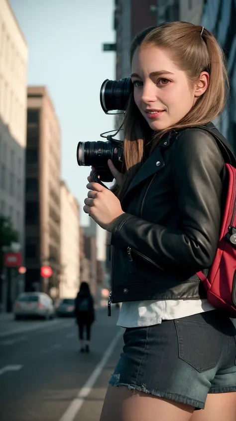 (TawneeStone),
Our protagonist finds herself in an urban setting, ready for an exhilarating day of city exploration. She wears a trendy and functional outfit, consisting of a dark brown leather jacket, a graphic t-shirt, distressed short shorts, and comfortable sneakers. A backpack slung over her shoulder holds her camera and other essentials. Her face exudes a mixture of curiosity and anticipation as she explores bustling streets, vibrant street art, and hidden gems within the city. This adventurous scene captures her sense of freedom and discovery in an urban playground.
(masterpiece:1.2) (photorealistic:1.2) (bokeh) (best quality) (intricate details) (8k) (high poly) (ray tracing) (cinematic lighting) (sharp focus) (detailed face) (detailed pupils)