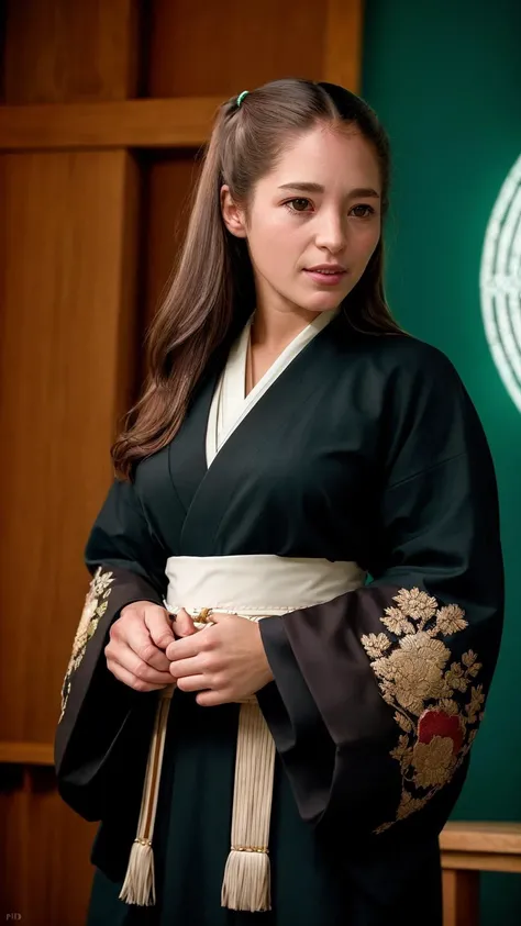 (TawneeStone),
In this scene, our lady dons a resplendent samurai ensemble, meticulously tailored to reflect the grandeur of the Kyoto era. (Her kimono, crafted from opulent silk brocade, showcases an intricate design of soaring phoenixes amidst a backdrop of vibrant cherry blossoms:1.1). The fabric shimmers under the soft light, emphasizing the artistry and craftsmanship involved in its creation. The sleeves of her kimono are adorned with delicate embroidery depicting swirling waves, symbolizing her resilience and adaptability. Her hakama, expertly pleated and tied with an obi belt featuring an elaborate knot, adds an air of sophistication and grace to her attire. Her armor, crafted with meticulous attention to detail, comprises a cuirass adorned with golden motifs, arm guards displaying intricate engravings, and greaves that protect her lower legs. Completing her formidable appearance is a kabuto helmet, its lacquered surface reflecting the surrounding light, and a majestic crest proclaiming her family's noble heritage. Her expression radiates tranquility and unwavering focus as she engages in deep meditation, fully embodying the essence of a samurai warrior from the Kyoto era.
(masterpiece:1.2) (photorealistic:1.2) (bokeh) (best quality) (intricate details) (8k) (high poly) (ray tracing) (cinematic lighting) (sharp focus) (detailed face) (detailed pupils)