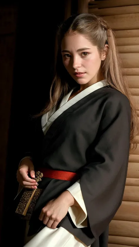 (TawneeStone),
In this scene, our lady dons a resplendent samurai ensemble, meticulously tailored to reflect the grandeur of the Kyoto era. (Her kimono, crafted from opulent silk brocade, showcases an intricate design of soaring phoenixes amidst a backdrop of vibrant cherry blossoms:1.1). The fabric shimmers under the soft light, emphasizing the artistry and craftsmanship involved in its creation. The sleeves of her kimono are adorned with delicate embroidery depicting swirling waves, symbolizing her resilience and adaptability. Her hakama, expertly pleated and tied with an obi belt featuring an elaborate knot, adds an air of sophistication and grace to her attire. Her armor, crafted with meticulous attention to detail, comprises a cuirass adorned with golden motifs, arm guards displaying intricate engravings, and greaves that protect her lower legs. Completing her formidable appearance is a kabuto helmet, its lacquered surface reflecting the surrounding light, and a majestic crest proclaiming her family's noble heritage. Her expression radiates tranquility and unwavering focus as she engages in deep meditation, fully embodying the essence of a samurai warrior from the Kyoto era.
(masterpiece:1.2) (photorealistic:1.2) (bokeh) (best quality) (intricate details) (8k) (high poly) (ray tracing) (cinematic lighting) (sharp focus) (detailed face) (detailed pupils)