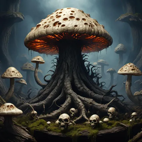 ((best quality)), ((masterpiece)), ((realistic,digital art)), (hyper detailed),DonMH311XL, demon,fire,monster,skull, Indigo Sturdy Club-shaped Veined mushroom, Smooth, Divided, Fungal Hyphae Surrounding Root Cells, Natural Habitat, Clustered, Cream Gills with Long Gills, White Latex, Natural healing, , octane rendering, raytracing, volumetric lighting, Backlit,Rim Lighting, 8K, HDR, <lora:HellAI_XL-000011:0.8>