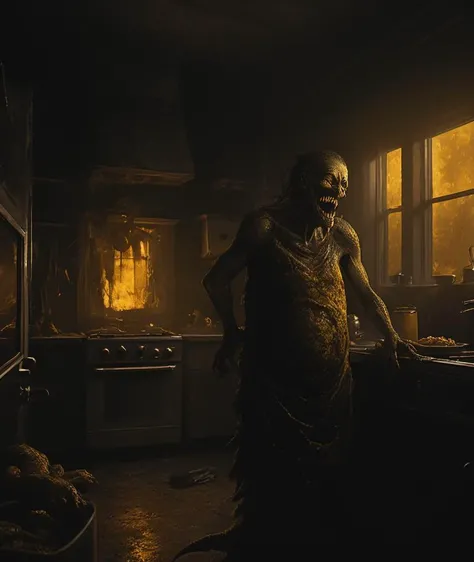<lora:rottingZombies:1> rotungwoka person dressed as a cook, mishap when cooking, stove on fire, panic, cook hat