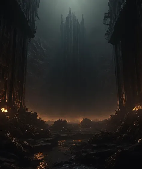 <lora:HellAI_XL:1> DonMH311XL, HellAI, monster,fire, dark, darkness, stygical, eerie, ((best quality)), ((masterpiece)), ((realistic,digital art)), (hyper detailed), Virtual Reality Architectural Visualization Studio, cyberpunk, sci-fi, gloomy, octane rendering, raytracing, volumetric lighting, Backlit,Rim Lighting, 8K, HDR, black & yellow, industrial, heavy duty, modular, swamp valley surrounded by high rocky cliffs, dawn,