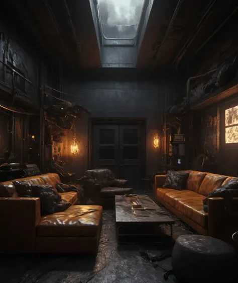 <lora:HellAI_XL:1> DonMH311XL, HellAI, monster,fire, dark, darkness, stygical, eerie, ((best quality)), ((masterpiece)), ((realistic,digital art)), (hyper detailed), Virtual Reality Architectural Visualization Studio, cyberpunk, sci-fi, gloomy, octane rendering, raytracing, volumetric lighting, Backlit,Rim Lighting, 8K, HDR, black & yellow, industrial, heavy duty, modular, girlish living room, small room, Two-person sofa, plan of a house, brown sofa, white wall,