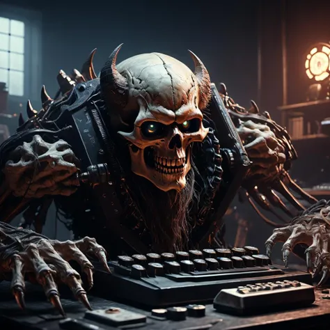 ((best quality)), ((masterpiece)), ((realistic,digital art)), (hyper detailed),DonMH311XL, demon,skull,monster, Typewriter, Status Indicators,Crimping Tools,Cable Routing,Lockout Tags, Braided, Fuzzy, , octane rendering, raytracing, volumetric lighting, Backlit,Rim Lighting, 8K, HDR, <lora:HellAI_XL-000011:0.8>