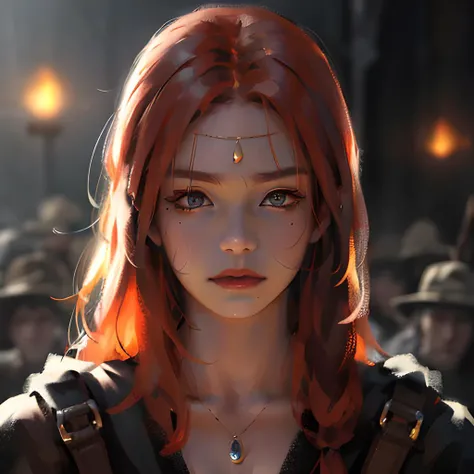 wlop,dalcefo,realistic,painting,dark,fine detailed face,ginger hair, cinematic light, battle background, ,<lora:wlopStyleLora_30Epochs:0.6>,