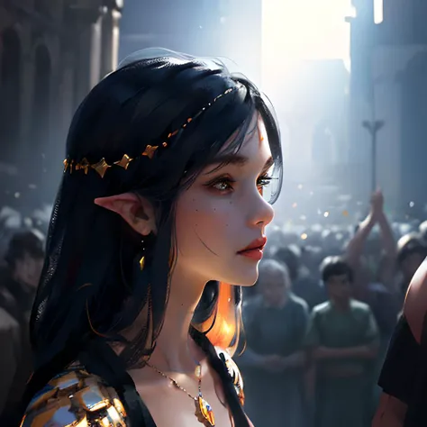 wlop,dalcefo,realistic,painting,dark atmosphere,princess of orc in crowd,fine detailed face, cinematic light, <lora:wlopStyleLora_30Epochs:0.6>,