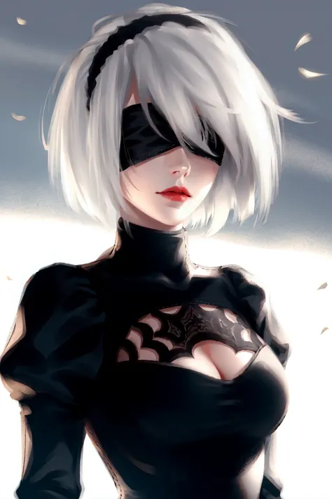 yorha no. 2 type b, 1girl, wlop, (blindfold), breasts, cleavage, cleavage cutout, clothing cutout, green background, hair between eyes, hairband, highres, juliet sleeves, long sleeves, nier (series), nier automata,  puffy sleeves, red lips, shaded face, short hair, solo, turtleneck, upper body, white hair, sky

<lora:yorha_noDOT_2_type_b:0.4>  <lora:wlop-000030:0.5>