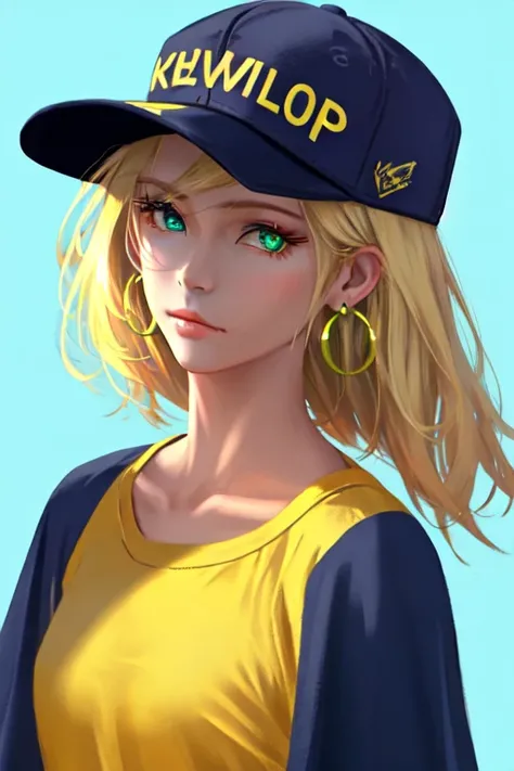wlop, masterpiece, best quality, 1girl, aqua eyes, baseball cap, blonde hair, closed mouth, earrings, green background, hat, hoop earrings, jewelry, looking at viewer, shirt, short hair, simple background, solo, upper body, yellow shirt <lora:wlop:0.6>