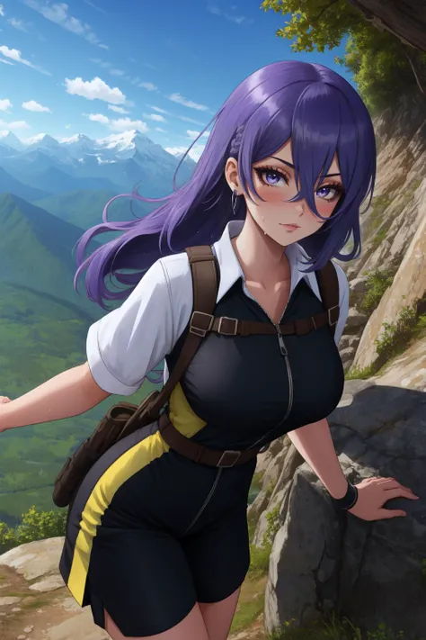 (masterpiece, best quality),  intricate details,
1girl,    <lora:MoonaHoshinovav1:0.8> MoonaHoshinova, 1girl, purple hair, long hair, bangs, hair between eyes, multicolored hair, colored inner hair, purple eyes, yellow eyes, earrings, large breasts, 
sweating,  
mountain climbing, hiking outfit, hiker, rocks, cliffs,