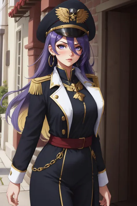 (masterpiece, best quality),  intricate details,
1girl,    <lora:MoonaHoshinovav1:0.8> MoonaHoshinova, 1girl, purple hair, long hair, bangs, hair between eyes, multicolored hair, colored inner hair, purple eyes, yellow eyes, earrings, large breasts, 
sweating,  
 <lora:edgWar40kCommissarv1:0.8> edgCommissar, millitary uniform, epaulettes ,  skull emblem, hat, wearing edgCommissar