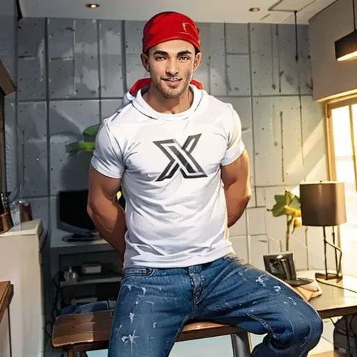 masterpiece, best quality, 1boy hoodie, black hoodie, upper body, red bandana on the head, smile, IncrsX, <lora:TwitterXShirt:1> blue pants, sneakers