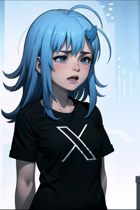 masterpiece, best quality, 1girl, shirt, black shirt, upper body,
,  Twitter-chan, hair ornament, <lora:Char_Meme_Twitterchan:0.9>, blue hair, crying, crying with eyes open, tears,
,  masterpiece, best quality, 1girl, shirt, black shirt, upper body,
,   IncrsX, <lora:TwitterXShirt:1>, arms behind back