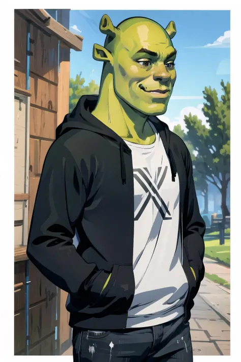 masterpiece, best quality, 1boy, hoodie, black hoodie, upper body,
BREAK shrex, green skin, ogre, shrek, <lora:Char_Sigmas_Shrek:0.9>, smile,
BREAK IncrsX, <lora:TwitterXShirt:1>, hands in pockets