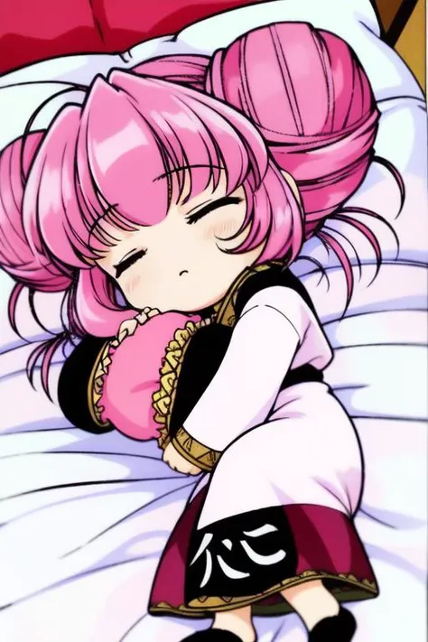 <lora:Rishu:0.8>, Rishu, 1girl, solo, closed eyes, pink hair, pillow, sleeping, lying, double bun, hair bun, drill hair, chibi, long sleeves, retro artstyle, frilled pillow, in the room,  bed,
masterpiece, high quality, very_high_resolution, large_filesize, full color,