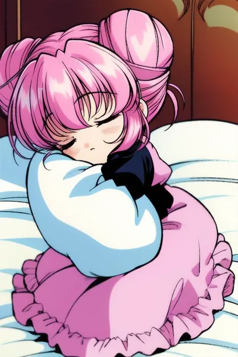 <lora:Rishu:0.8>, Rishu, 1girl, solo, closed eyes, pink hair, pillow, sleeping, lying, double bun, hair bun, drill hair, chibi, long sleeves, retro artstyle, frilled pillow, in the room, bed,
masterpiece, high quality, very_high_resolution, large_filesize, full color,