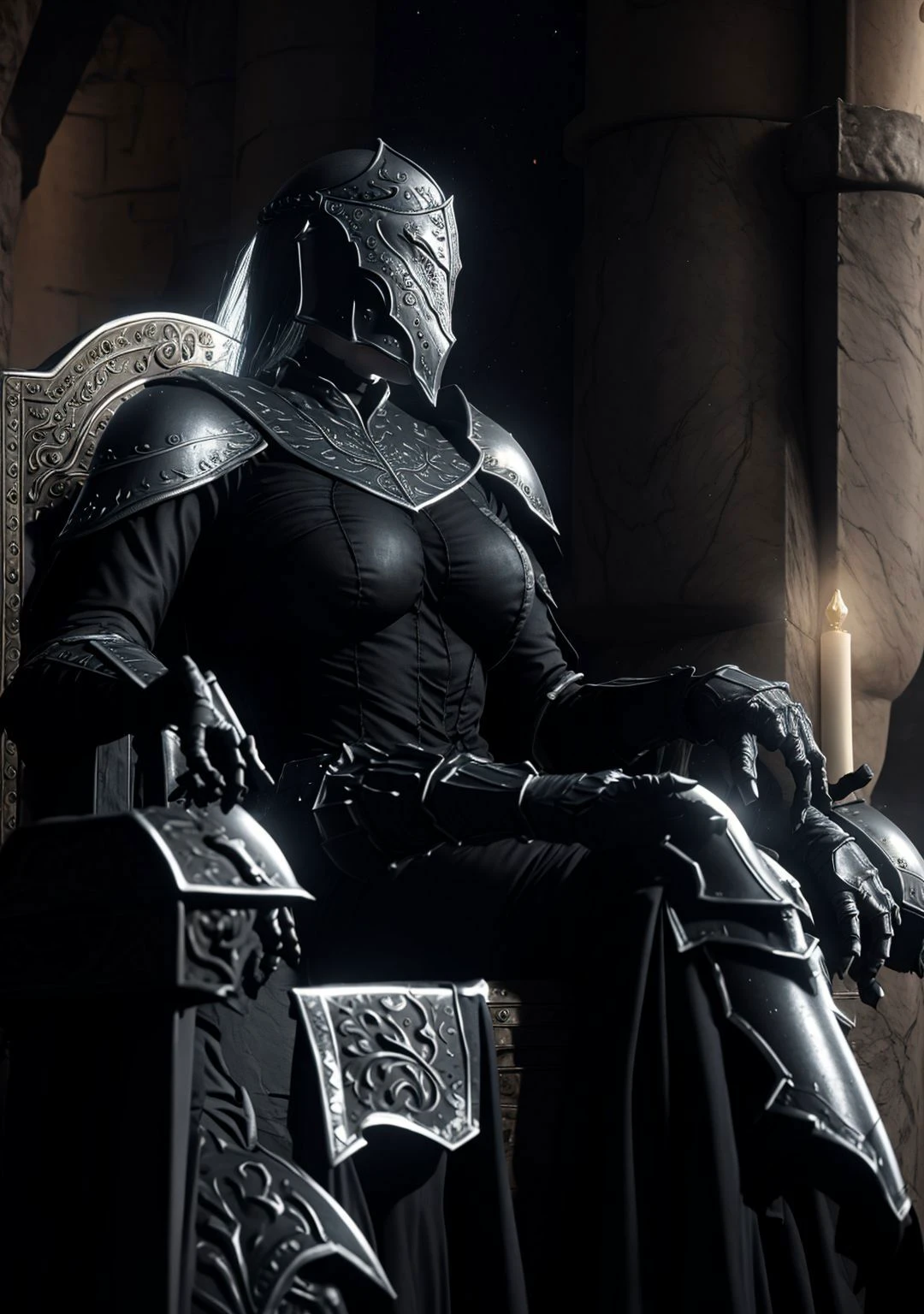 masterpiece,best quality,realism,woman,knight,detailed,cinematic lighting,castle background,Yuria_of_Londor,<lora:Yuria_of_Londor:0.8>,sitting on a throne, throne,