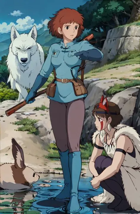 solo, 1woman, nausicaa, blue nausicaa outfit, full body, rifle on back, dynamic pose, brown messy hair, <lora:PrincessMononoke001:0.6>, <lora:Nausicaa-000007:0.4>, valley of the wind backdrop, horizon, standing on a puddle,