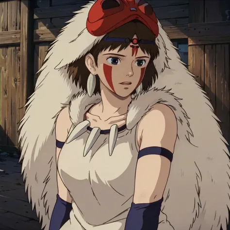 <lora:PrincessMononoke001:0.7>,
PMsun,1girl,
brown hair,facepaint,
mask on head,fur,headband,earrings,
tooth necklace,
collarbone,bare shoulders,bare arms,armband,fur cape,