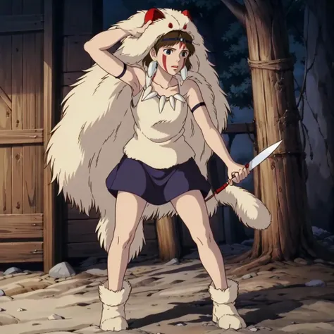 <lora:PrincessMononoke001:0.7>,
PMsun,1girl,
brown hair,facepaint,
mask on head,fur,headband,earrings,
tooth necklace,
collarbone,bare shoulders,bare arms,armband,fur cape,
shirt,
black skirt,
boots,
holding knife,reverse grip,
full body,