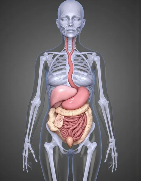 woman with a transparent body, her skin is made of glass and her internal organs are normal and you can see the organs through her body