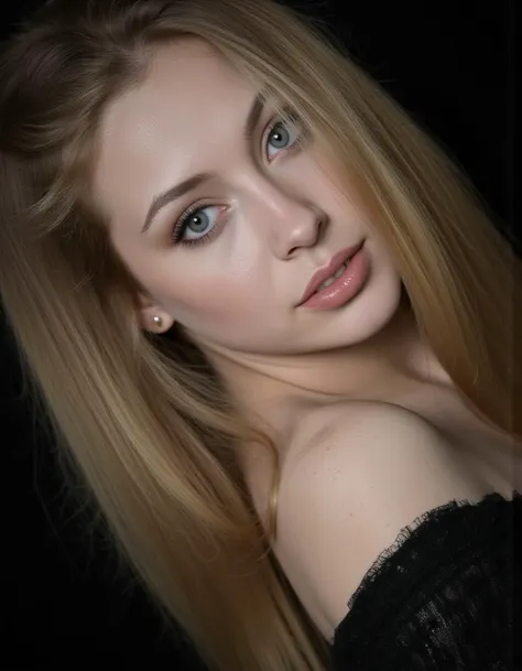 Realistic cinematic photo, Beautiful girl 22 years old, blonde, white skin, light blue eyes, Beautiful full lips, soft freckles, dark makeup, aesthetic black clothes.