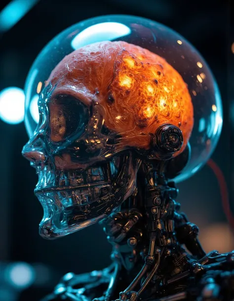 A robotic skull with transparent glass structure, vividly revealing the electric orange brain activity inside. The skull is connected to wires and intricate machinery. The lighting is dark and moody, with blue ambient lights casting reflections on the glass. Futuristic style, cinematic realism.