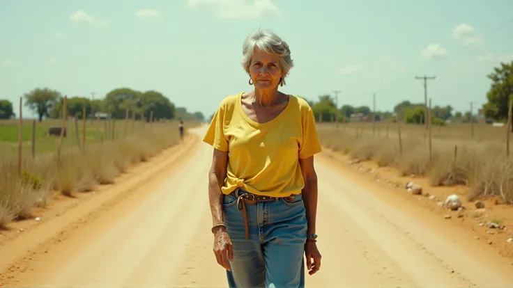 "An elderly woman with short gray hair, wearing a yellow shirt and loose blue jeans, walks alone on a dusty dirt road. She looks tired but determined, her hands clasped in front of her as she walks under the hot sun. The rural landscape stretches out around her with distant trees and a small town on the horizon. The setting conveys hardship and perseverance."<lora:flux_realism_lora:1>, RAW candid cinema, 16mm, color graded portra 400 film, remarkable color, ultra realistic, textured skin, remarkable detailed pupils, realistic dull skin noise, visible skin detail, skin fuzz, dry skin, shot with cinematic camera