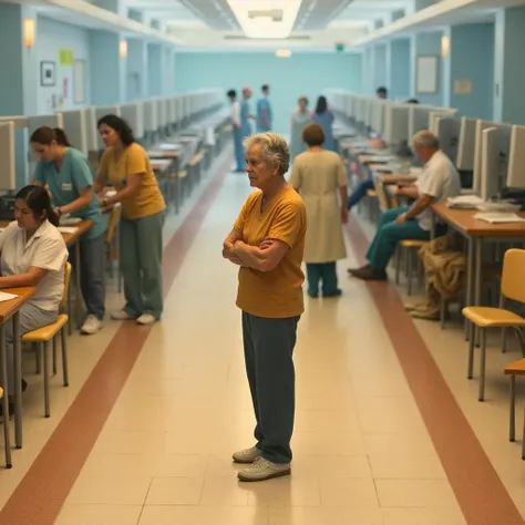 "Inside a public hospital, an elderly woman speaks with nurses who are busy with paperwork and computers. The nurses have serious, polite expressions, while the woman looks frustrated and worried. The hospital setting is simple, with white walls, waiting chairs, and people in the background."  <lora:flux_realism_lora:1>