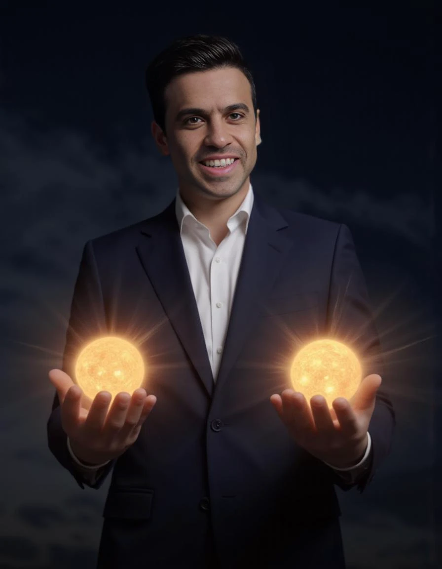 A photorealistic image of a white man with black hair wearing a navy-blue suit, standing with both hands extended forward. In each hand, he holds a small, glowing sun, radiating intense light. The background is a dark sky with subtle clouds, contrasting against the bright suns in his hands. Vivid style.