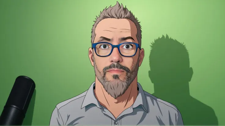 anime artwork generate an anime style image of a 42 year old man with short hair, beard and mustache and blue glasses, 3x4 style photo . anime style, key visual, vibrant, studio anime,  highly detailed