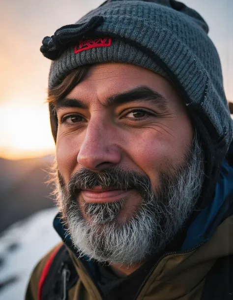 A mountain climber with rugged features and cold-weather gear, standing against a sunrise backdrop.