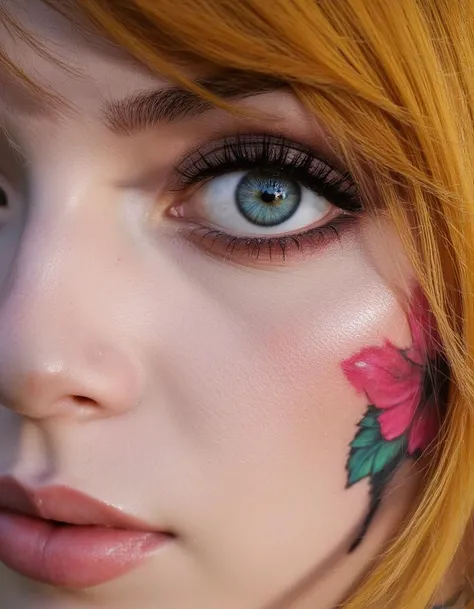 Hyperrealism, extreme close-up Portrait of a beautiful, stunning unique female character. She has large turquoise eyes filled with joy and excitement, extravagant eyelashes, making this image a masterpiece of photography and digital art. Style: realistic hyper-detailed rendering, 32k UHD, expressive eyes, punk, graphic design, pink hibiscus tattoo, girl's face, side view, pretty and cute, gleaming lips, white skin, telling a tale of adventure. Exuding confidence and serenity. Vibrant tattoos adorn her sun-kissed skin<lora:flux_realism_lora:1>