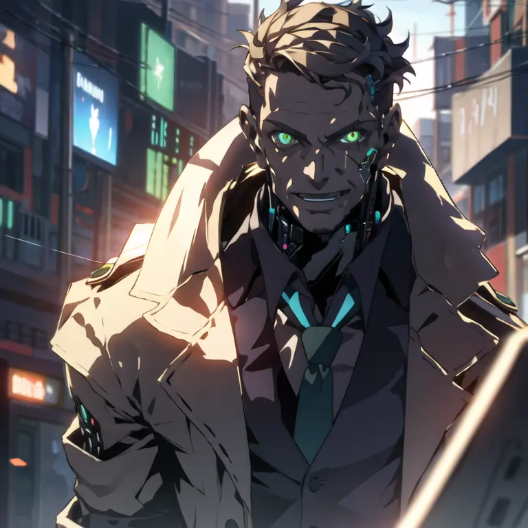 <lora:nickval:0.8>, a man with a tie and a jacket, cyborg hand, upper body , green cyber eyes, ultra detailed, happy, open mouth