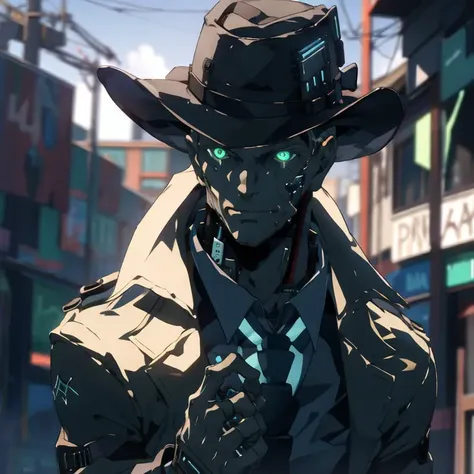<lora:nickval:0.85>, a man with a hat and a tie and a jacket, cyborg hand, upper body , green cyber eyes, dark hue