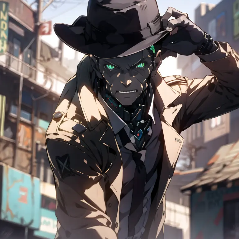 <lora:nickval:0.8>, a man with a hat and a tie and a jacket, cyborg hand, upper body , green cyber eyes, ultra detailed, huge rage