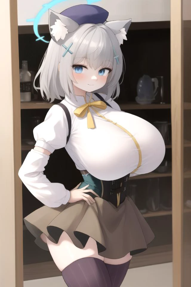 (best quality1.2),highly detailed,ultra-detailed,(masterpiece1.2),(illustration:1.2), Anime, Moe,game cg, solo, cute,
<lora:shiroko1-000006:0.9>(shiroko:1.2),halo, animal ears, animal ear fluff, grey hair, hair ornament, blue eyes, mismatched pupils,
<lora:Mami:1.0> MamiAi, breasts, blush, smile, bangs, large breasts, neck ribbon, hair ornament, ribbon, light blush, yellow ribbon, hairpin, dot nose, magical girl, skirt, shirt, thighhighs, long sleeves, hat, short sleeves, heart, thighs, pleated skirt, boots, detached sleeves, striped, puffy sleeves, puffy short sleeves, zettai ryouiki, black headwear, beret, brown footwear, knee boots, feathers, corset, striped thighhighs, vertical stripes, high collar, brown thighhighs, yellow skirt, vertical-striped thighhighs,