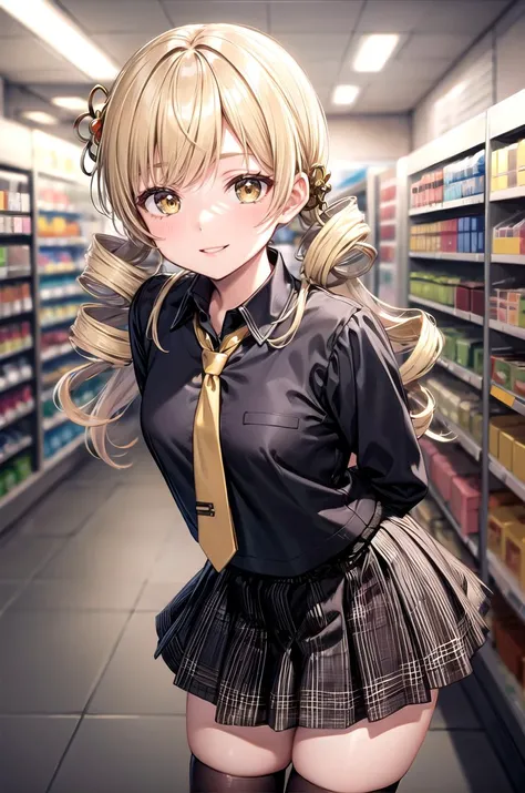 (masterpiece, best quality, detailed), 1girl, solo, looking at viewer, <lora:Mami:0.9> MamiAi, yellow eyes, blonde hair, drill hair, twin drills, bangs, hair ornament, hairpin, tomoe mami, school uniform, black serafuku, black shirt, long sleeves, indoors, convenience store, shop, arms behind back, leaning forward, pleated skirt, necktie, plaid skirt, plaid, miniskirt, black thighhighs, smile, parted lips