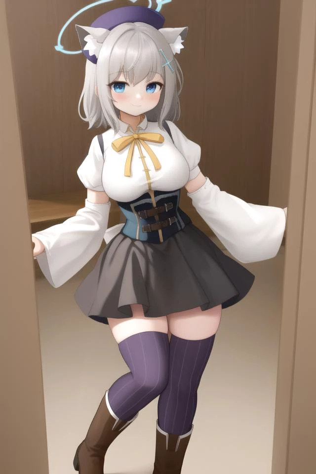 (best quality1.2),highly detailed,ultra-detailed,(masterpiece1.2),(illustration:1.2), Anime, Moe, game cg, solo, cute,
<lora:shiroko1-000006:0.9>(shiroko:1.2),halo, animal ears, animal ear fluff, grey hair, hair ornament, blue eyes, mismatched pupils,
<lora:Mami:1.0> MamiAi, breasts, blush, smile, bangs, large breasts, neck ribbon, hair ornament, ribbon, light blush, yellow ribbon, hairpin, dot nose, magical girl, skirt, shirt, thighhighs, long sleeves, hat, short sleeves, heart, thighs, pleated skirt, boots, detached sleeves, striped, puffy sleeves, puffy short sleeves, zettai ryouiki, black headwear, beret, brown footwear, knee boots, feathers, corset, striped thighhighs, vertical stripes, high collar, brown thighhighs, yellow skirt, vertical-striped thighhighs,