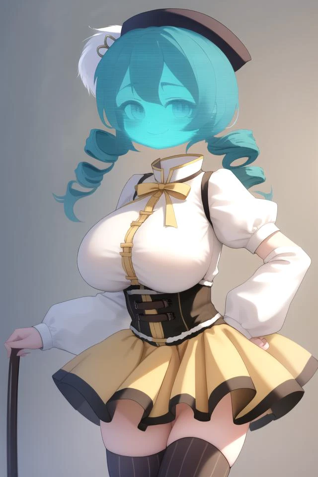 (best quality1.2),highly detailed,ultra-detailed,(masterpiece1.2),(((illustration))),beautiful detailed eyes, Anime, Moe,game cg, solo, ((cute)),
<lora:hologram_girl_v10:1.0> (hologram girl:1.6), <lora:Mami:0.8> MamiAi, drill hair, (twin drills:1.4), breasts, blush, smile, bangs, large breasts, neck ribbon, hair ornament, ribbon, light blush, yellow ribbon, hairpin, dot nose, magical girl, (tomoe mami:1.2), skirt, shirt, thighhighs, long sleeves, hat, short sleeves, heart, thighs, pleated skirt, boots, detached sleeves, striped, puffy sleeves, puffy short sleeves, zettai ryouiki, black headwear, beret, brown footwear, knee boots, feathers, corset, striped thighhighs, vertical stripes, high collar, brown thighhighs, yellow skirt, vertical-striped thighhighs,
