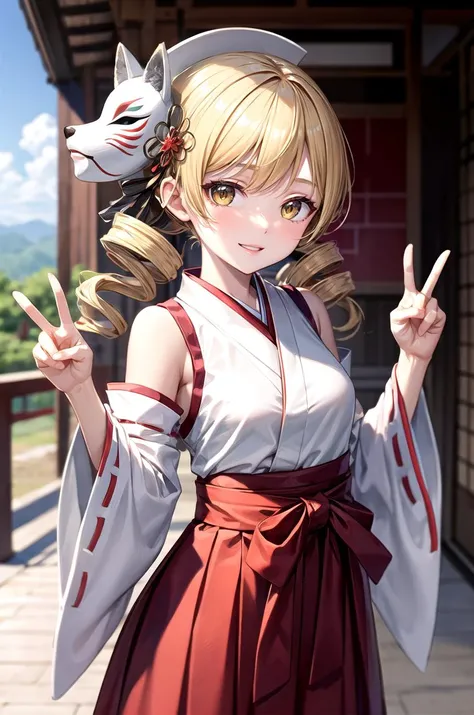 (masterpiece, best quality, detailed), 1girl, solo, looking at viewer, <lora:Mami:0.9> MamiAi, yellow eyes, blonde hair, drill hair, twin drills, bangs, hair ornament, hairpin, tomoe mami, miko, japanese clothes, red hakama, white kimono, ribbon trim, detached sleeves, fox mask, mask on head, outdoors, (peace sign), hand up, cowboy shot, wide sleeves, hakama skirt, shrine, east asian architecture, smile, parted lips