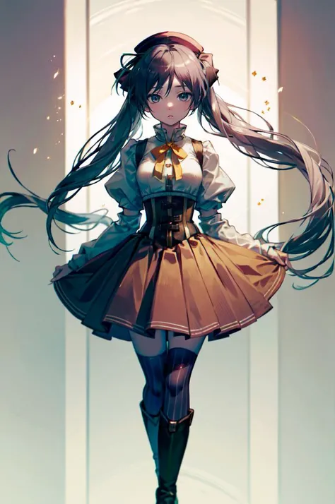 <lora:kagamihiiragi:0.8> kagami hiiragi, twintails,  <lora:Mami:1> magical girl, neck ribbon, hair ornament, ribbon, yellow ribbon, hairpin, skirt, shirt, thighhighs, long sleeves, hat, short sleeves, pleated skirt, boots, detached sleeves, striped, puffy sleeves, puffy short sleeves, zettai ryouiki, black headwear, beret, brown footwear, knee boots, feathers, corset, striped thighhighs, vertical stripes, high collar, brown thighhighs, yellow skirt, vertical-striped thighhighs,, absurdres, ultra detailed, masterpiece, best quality, aesthetic, detailed,
