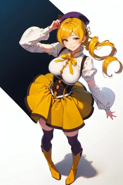 <lora:Mami:1> MamiAi, tomoe mami, yellow eyes, blonde hair, drill hair, twin drills, shiny, shiny hair, breasts, blush, smile, bangs, large breasts, magical girl, neck ribbon, hair ornament, ribbon, yellow ribbon, hairpin, skirt, shirt, thighhighs, long sleeves, hat, short sleeves, pleated skirt, boots, detached sleeves, striped, puffy sleeves, puffy short sleeves, zettai ryouiki, black headwear, beret, brown footwear, knee boots, feathers, corset, striped thighhighs, vertical stripes, high collar, brown thighhighs, yellow skirt, vertical-striped thighhighs, <lora:Feguimel [MockAi - v1.0]:0.8> feguimel, soft shading, realistic proportions,, absurdres, ultra detailed, masterpiece, best quality, aesthetic, detailed,