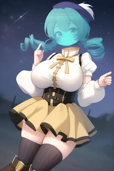 (best quality1.2),highly detailed,ultra-detailed,(masterpiece1.2),(((illustration))),beautiful detailed eyes, Anime, Moe,game cg, solo, ((cute)),
<lora:hologram_girl_v10:1.0> (hologram girl:1.6), <lora:Mami:0.9> MamiAi, drill hair, (twin drills:1.4), breasts, blush, smile, bangs, large breasts, neck ribbon, hair ornament, ribbon, light blush, yellow ribbon, hairpin, dot nose, magical girl, (tomoe mami:1.2), skirt, shirt, thighhighs, long sleeves, hat, short sleeves, heart, thighs, pleated skirt, boots, detached sleeves, striped, puffy sleeves, puffy short sleeves, zettai ryouiki, black headwear, beret, brown footwear, knee boots, feathers, corset, striped thighhighs, vertical stripes, high collar, brown thighhighs, yellow skirt, vertical-striped thighhighs,