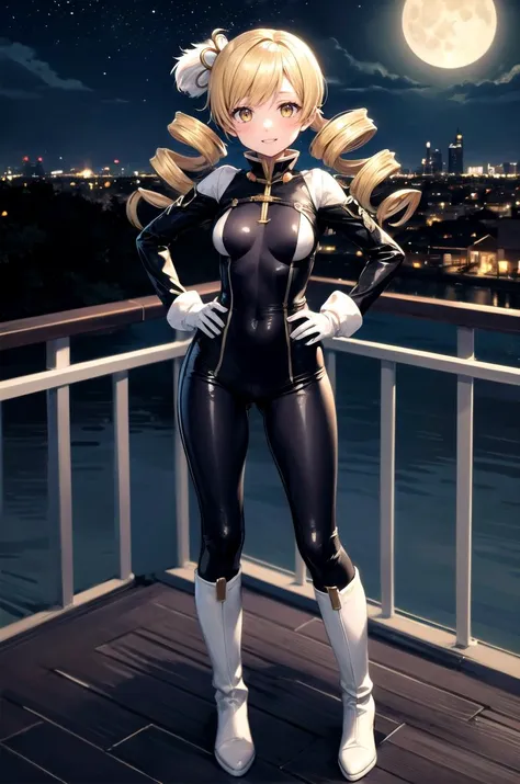(masterpiece, best quality, detailed), 1girl, solo, looking at viewer, <lora:Mami:0.9> MamiAi, yellow eyes, blonde hair, drill hair, twin drills, bangs, hair ornament, hairpin, tomoe mami, bodysuit, bikesuit, black bodysuit, outdoors, rooftop, cityscape, building, balcony, hands on hips, full body, legs apart, black gloves, boots, (covered nipples:0.9), night, starry sky, scenery, moon, city lights, bridge, river, water, smile, parted lips