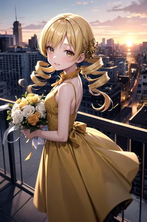 (masterpiece, best quality, detailed), 1girl, solo, looking at viewer, <lora:Mami:0.9> MamiAi, yellow eyes, blonde hair, drill hair, twin drills, bangs, hair ornament, hairpin, tomoe mami, sundress, yellow dress, frilled dress, sleeveless dress, bare shoulders, outdoors, rooftop, cityscape, building, railing, holding bouquet, bouquet, from side, sunset, orange sky, scenery, bridge, river, water, smile, parted lips