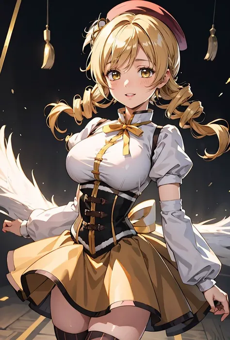1 girl, cowboy shot, solo, perfect anatomy, standing, spread arms, mami tomoe, masterpiece, best quality, highres, big breast, motherly kind smile, (skirt lift, self lift, white panties:1.2), sacred, glitter, sparkle, god ray, tyndall effect, scenery, pov