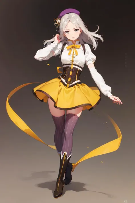 <lora:Mami:1> MamiAi, magical girl, neck ribbon, hair ornament, ribbon, yellow ribbon, hairpin, skirt, shirt, thighhighs, long sleeves, hat, short sleeves, pleated skirt, boots, detached sleeves, striped, puffy sleeves, puffy short sleeves, zettai ryouiki, black headwear, beret, brown footwear, knee boots, feathers, corset, striped thighhighs, vertical stripes, high collar, brown thighhighs, yellow skirt, vertical-striped thighhighs, <lora:Feguimel [MockAi - v1.0]:0.8> feguimel, soft shading, realistic proportions,, absurdres, ultra detailed, masterpiece, best quality, aesthetic, detailed,, serious, 1girl, (white eyes:1.1), (grey eyes:1.3), white hair, very long hair, parted hair, parted bangs, <lora:parted_hair_v1.3:1.3>, medium breasts,