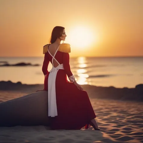 cinematic photo a tall woman with a dress, epaulette, large breast, beach, seat , sunset <lora:BoaHancock1024:0.8> . 35mm photograph, film, bokeh, professional, 4k, highly detailed